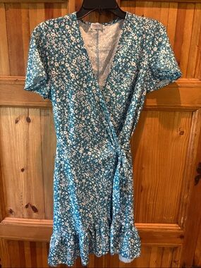 Naggoo Floral Wrap Mini Dress in Teal